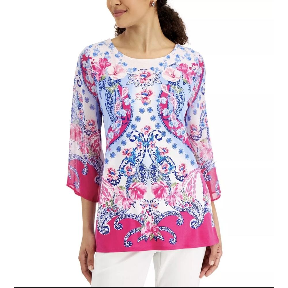 JM Collection Island Breeze Women's  Top 3/4 Sleeve Fushia Tulip Size Medium